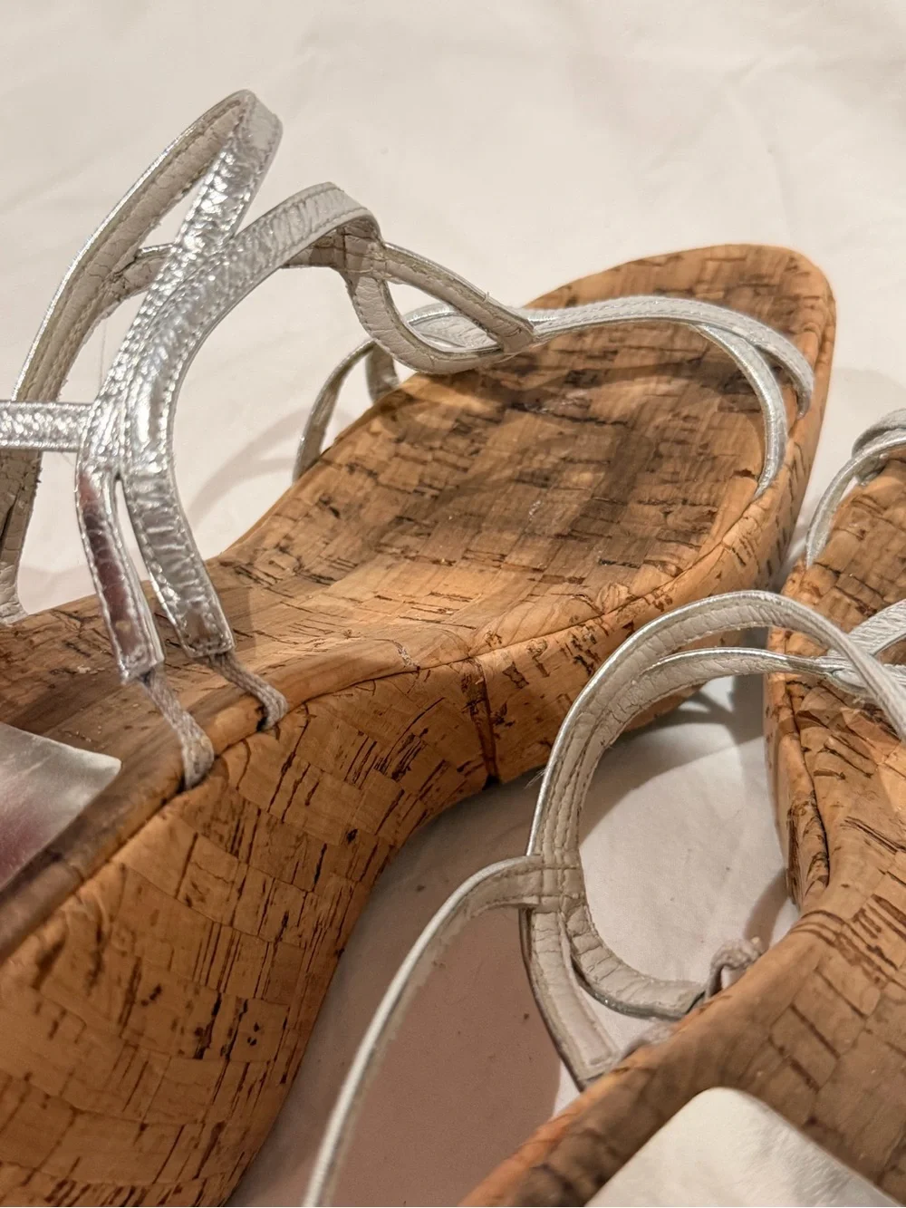 Stuart Weitzman Silver Metallic Strappy Cork Wedge Sandals - Picture 5 of 10